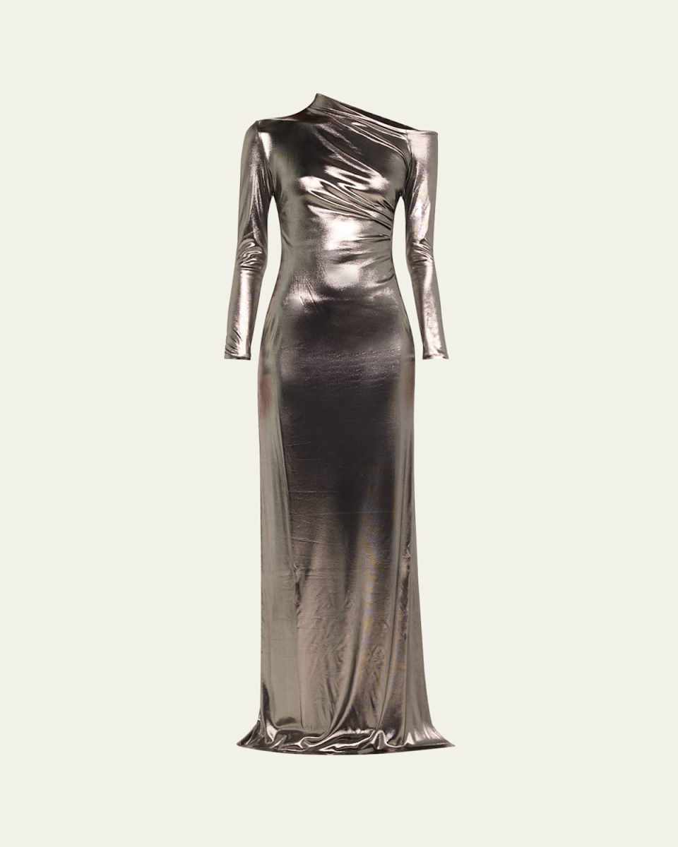 Metallic Long-Sleeve Ruched Gown