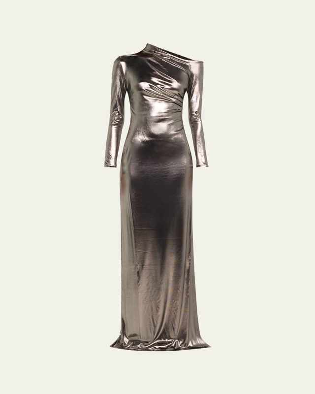 Metallic Long-Sleeve Ruched Gown