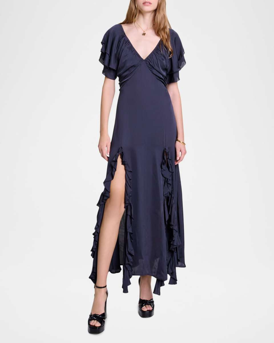 Rebla Ruffle-Slits Laced Satin Maxi Dress