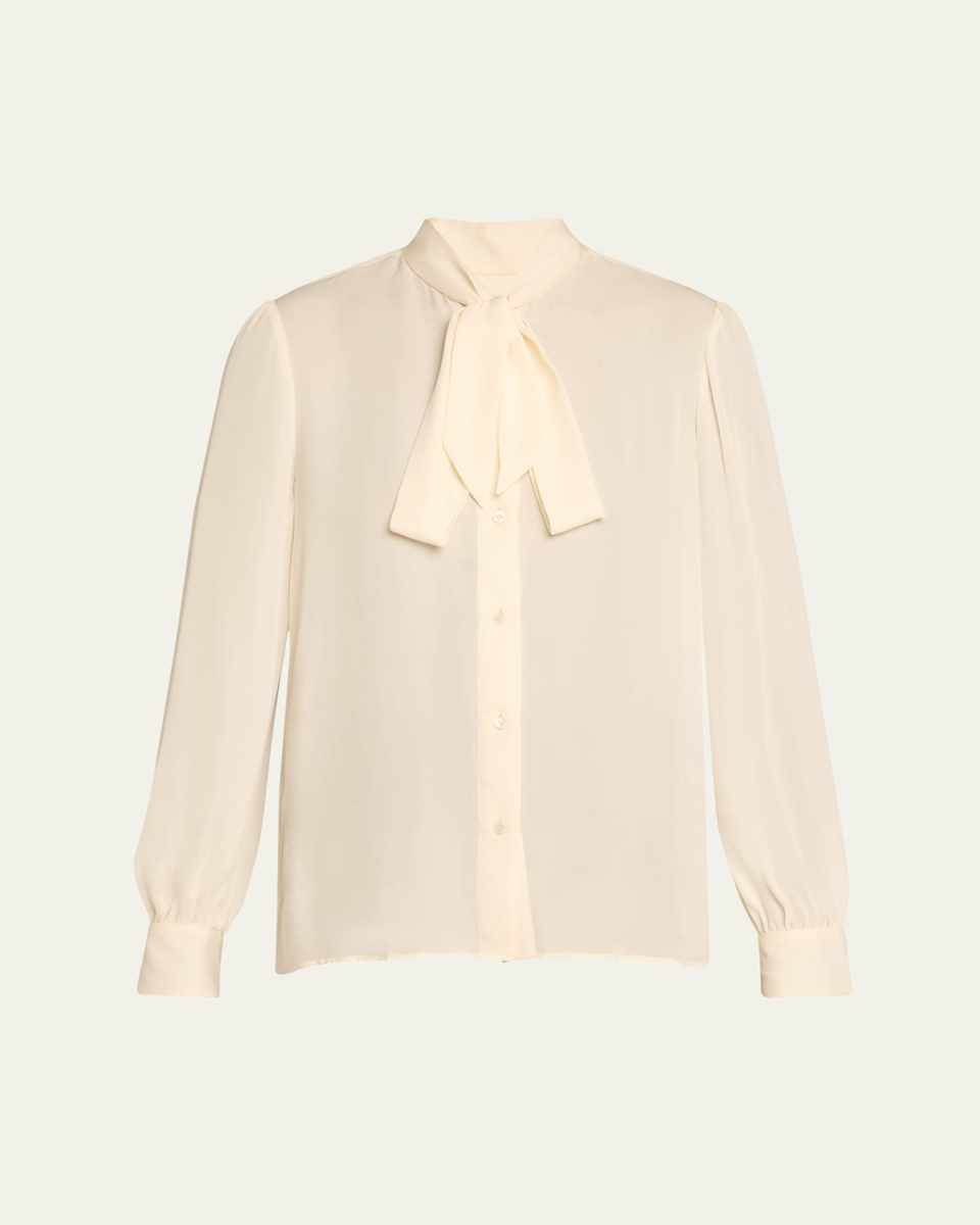 Carina Button-Front Tie-Neck Silk Top