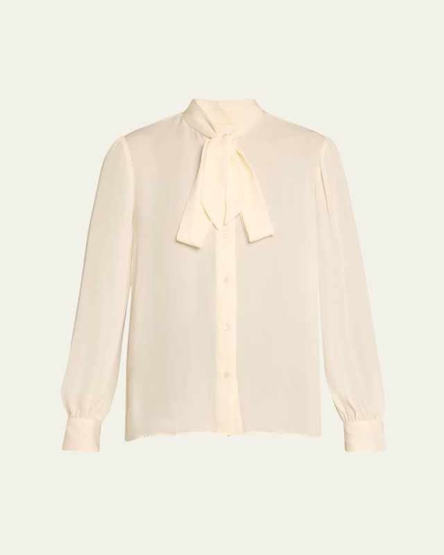 Carina Button-Front Tie-Neck Silk Top