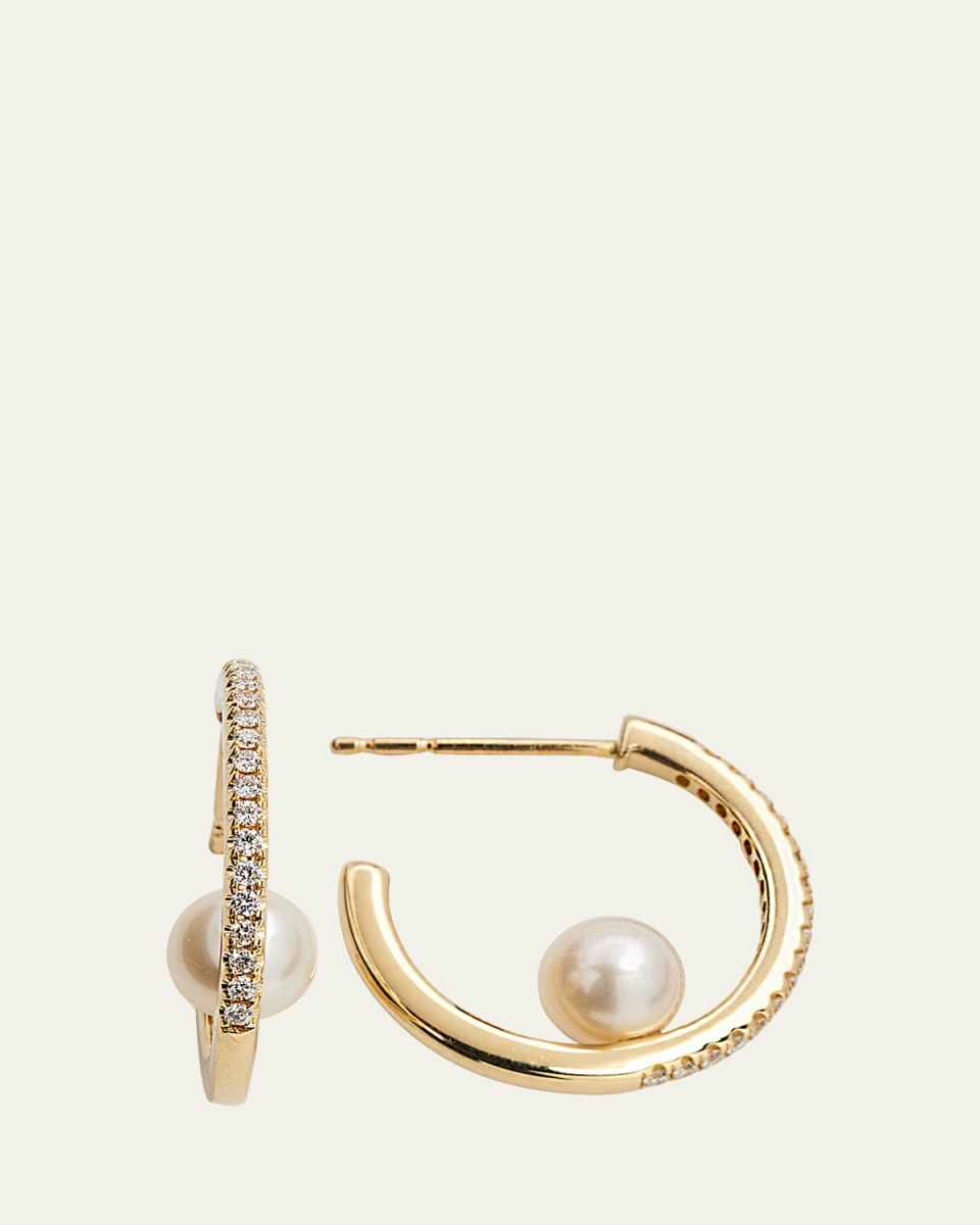 Pave Diamond Hoop Earrings with Freshwater Pearls