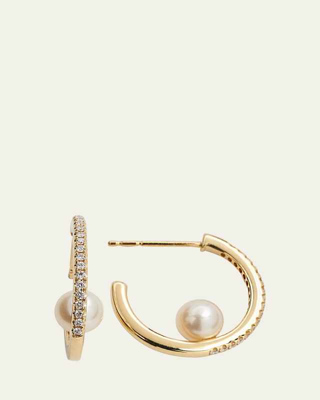 Pave Diamond Hoop Earrings with Freshwater Pearls