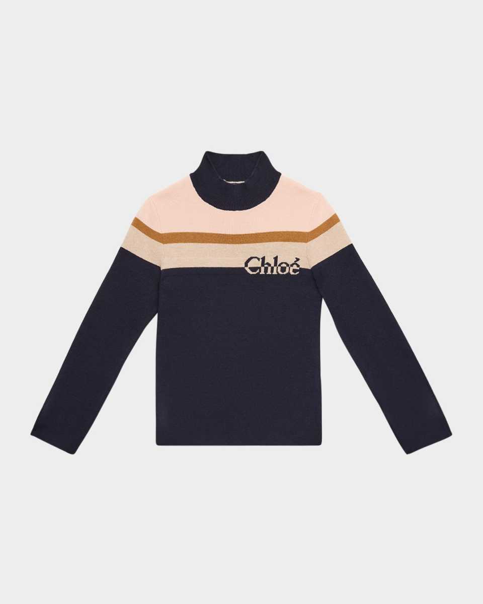 Girl's Striped Logo-Print Knitted Sweater, Size 8-14