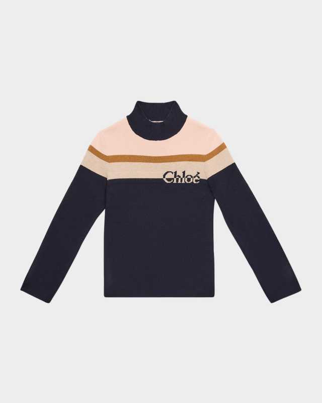 Girl's Striped Logo-Print Knitted Sweater, Size 8-14