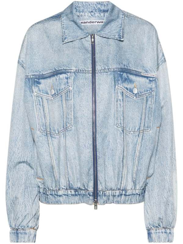denim-print bomber jacket