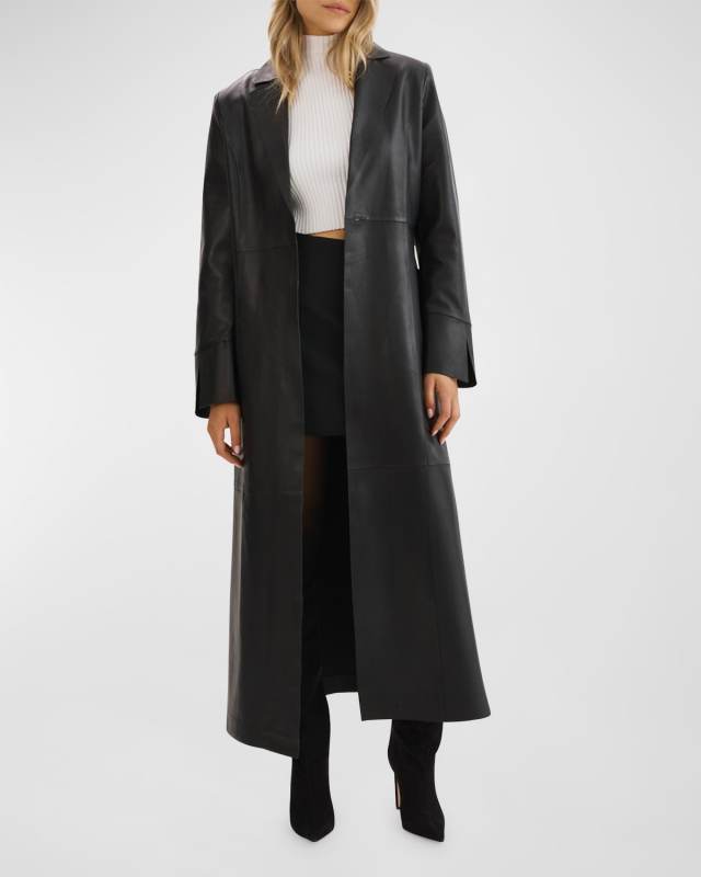 Evanna Slit-Cuff Leather Trench Coat