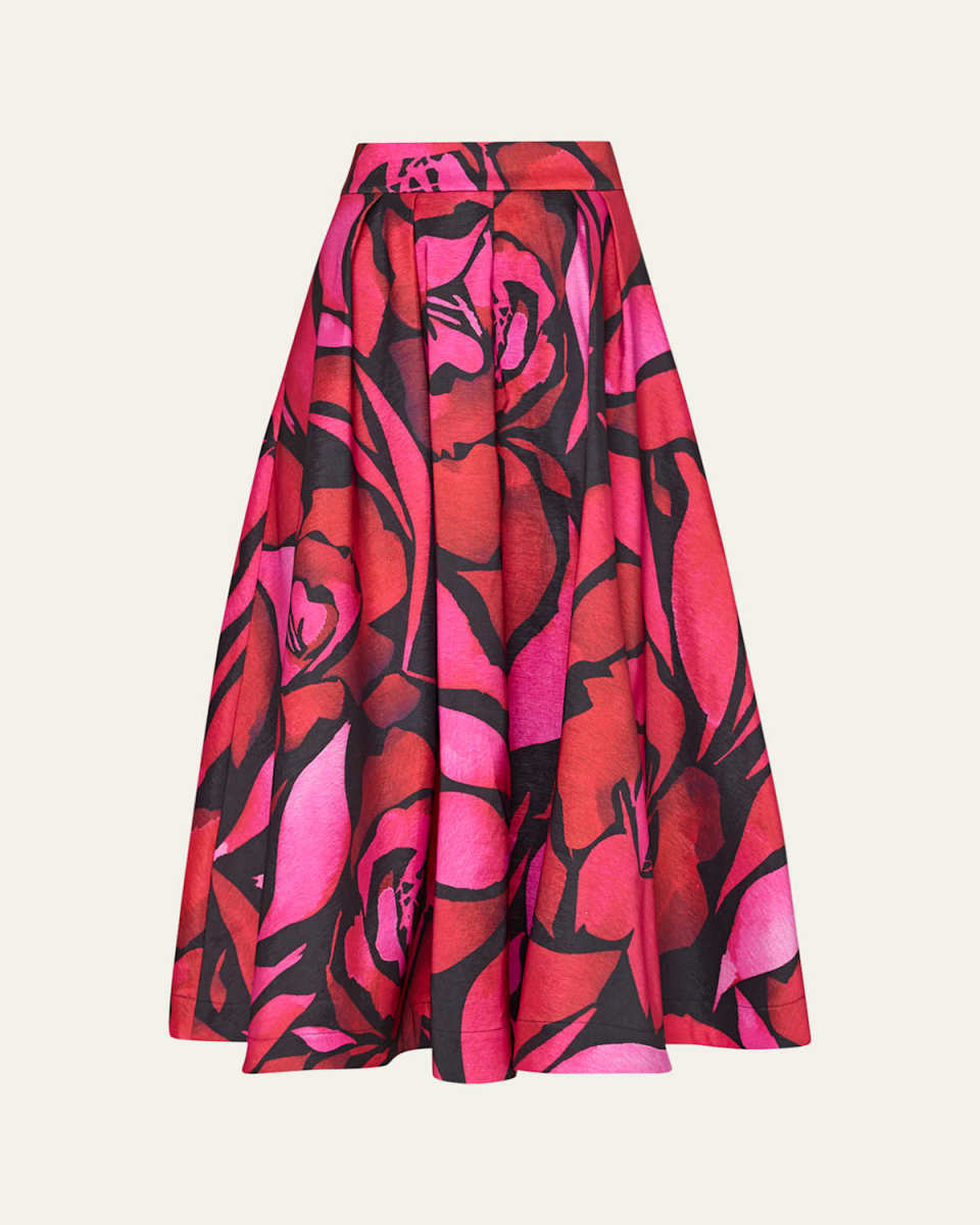 Juliet Pleated Floral-Print Taffeta Midi Skirt