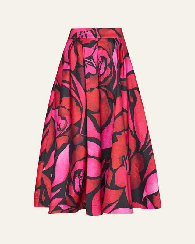 Juliet Pleated Floral-Print Taffeta Midi Skirt