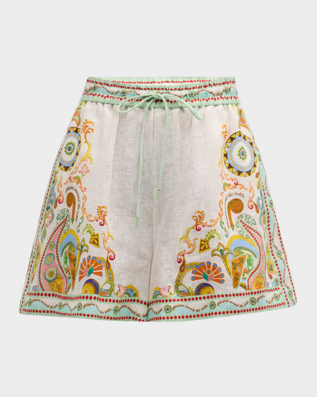 Pinball Drawstring Paisley Linen Shorts