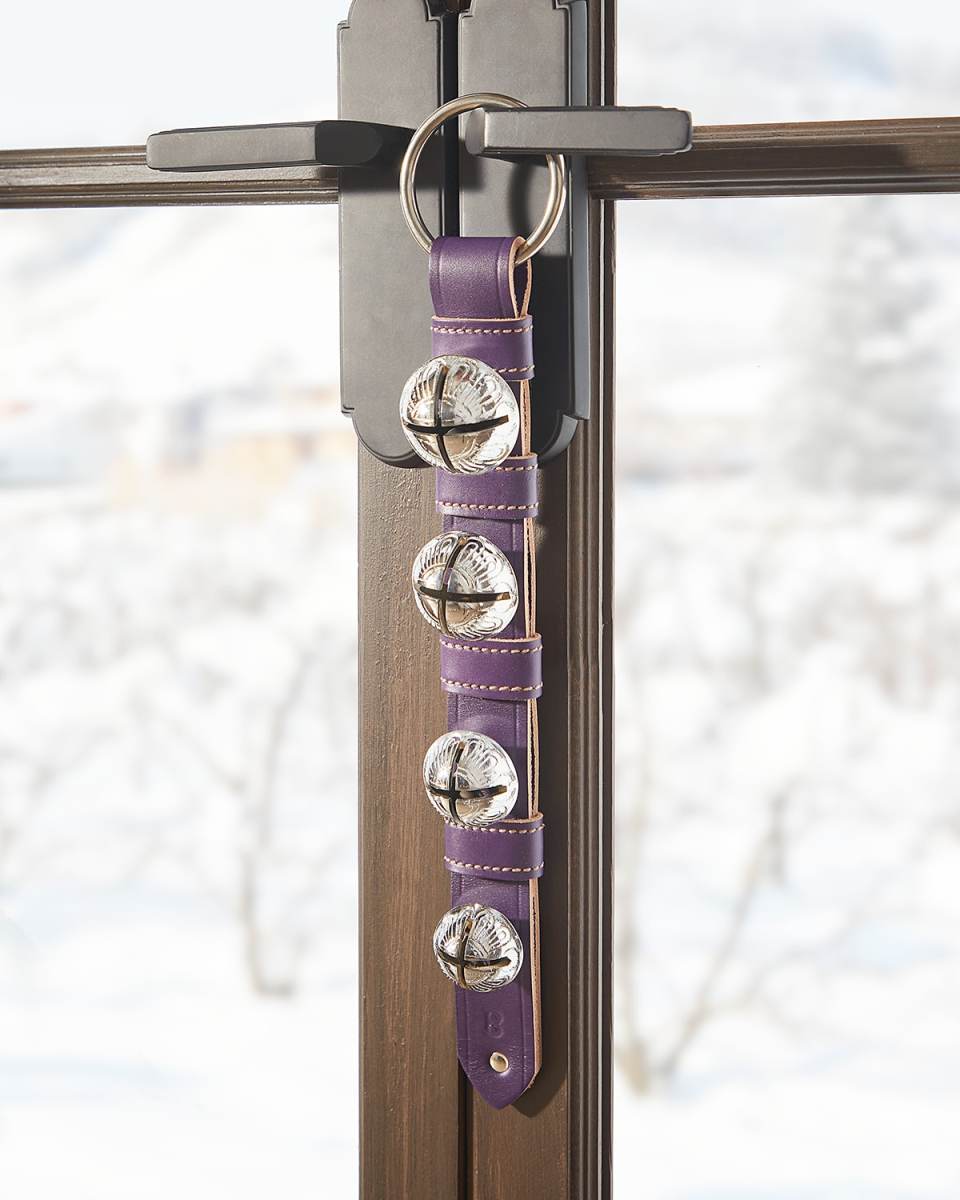 4 Brass Christmas Bells with Chrome Purple Leather Strap