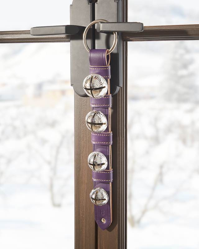 4 Brass Christmas Bells with Chrome Purple Leather Strap