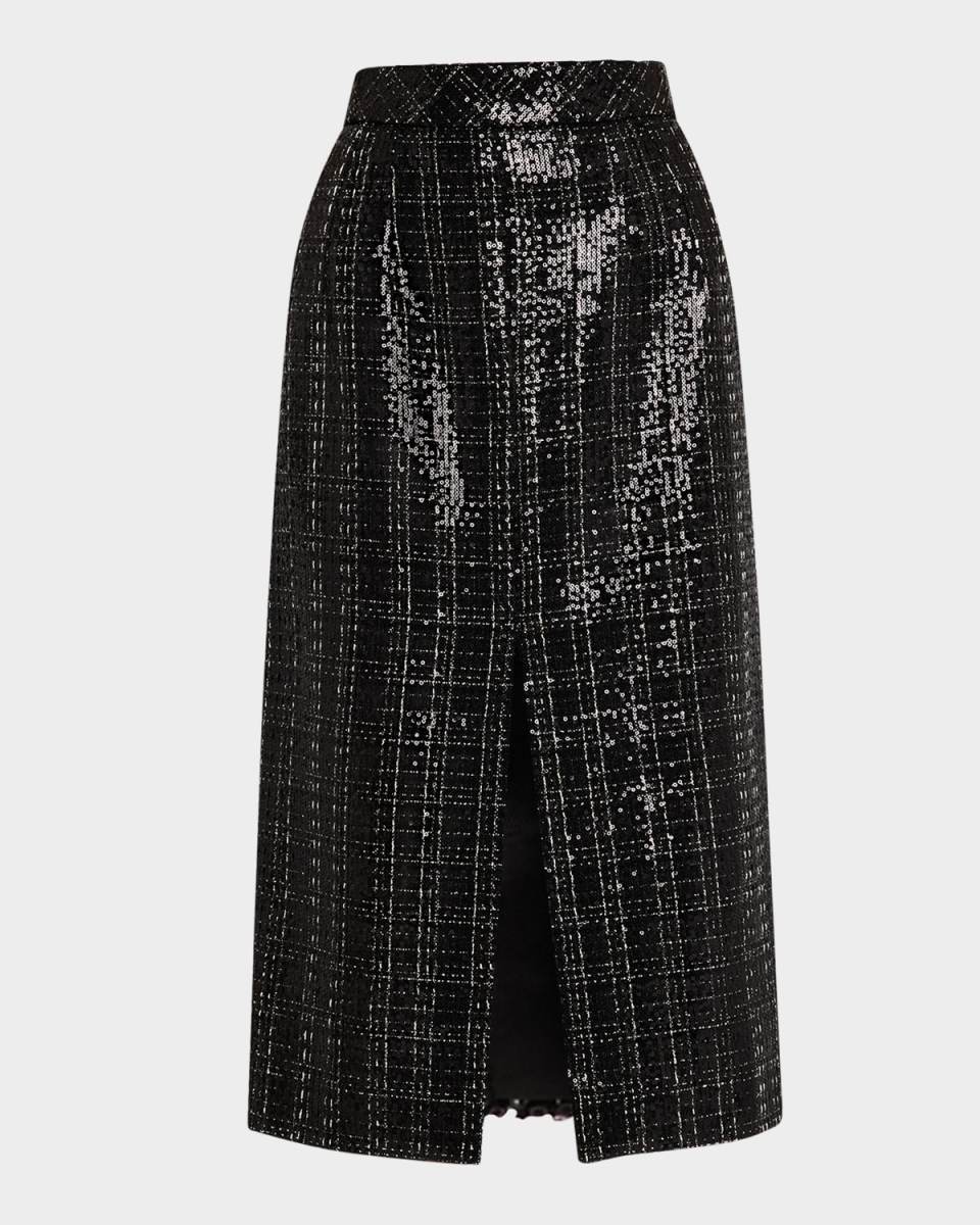 Sequined Check Slit Midi Skirt