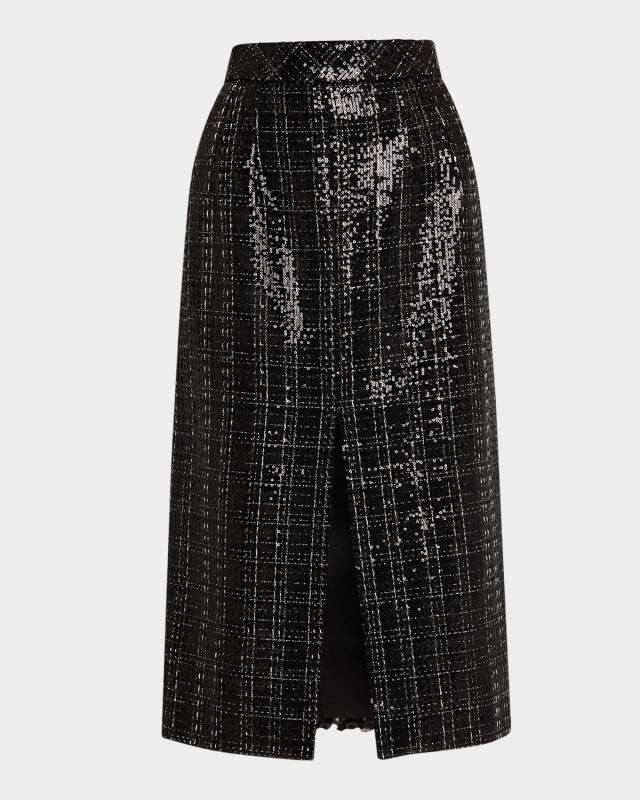 Sequined Check Slit Midi Skirt