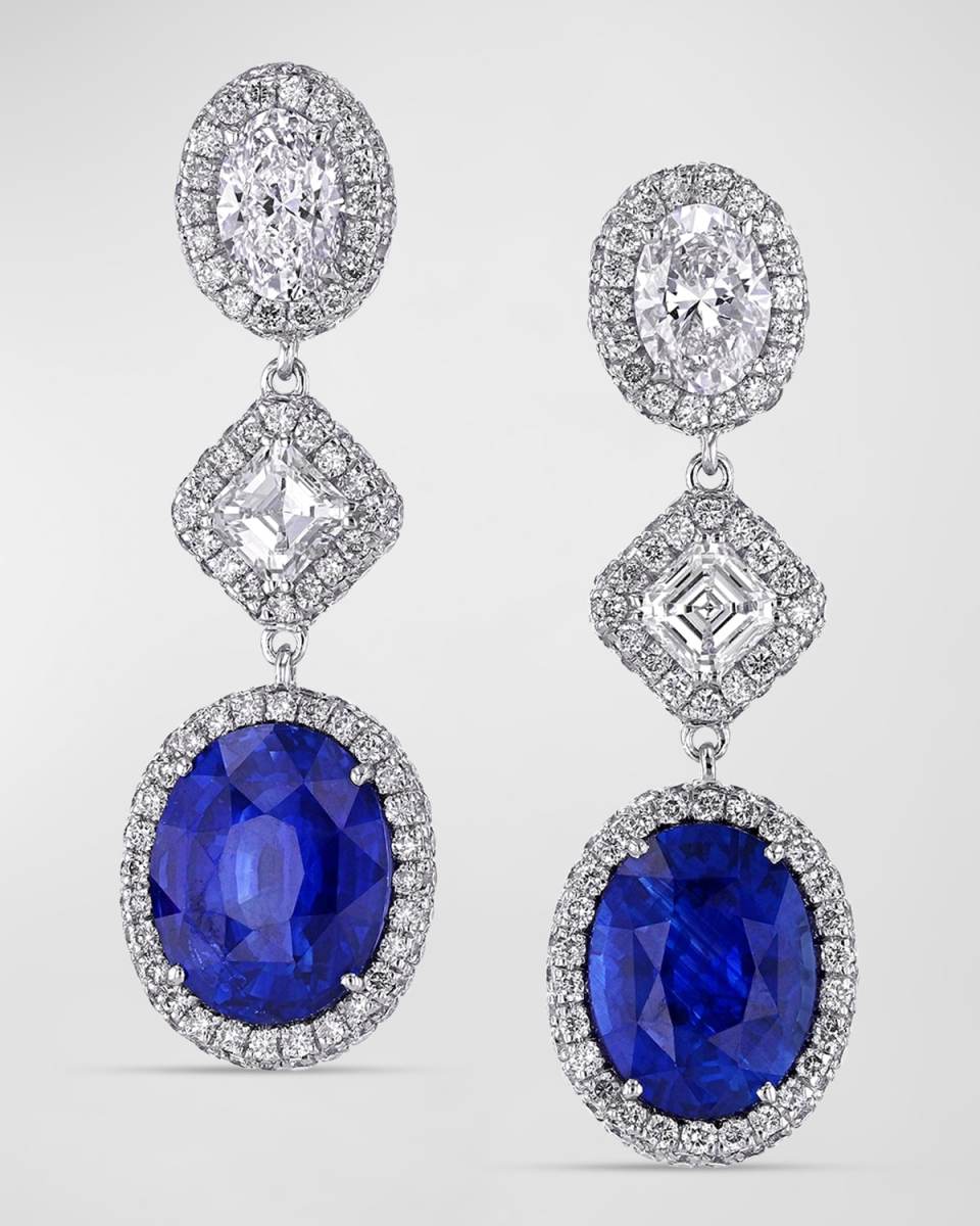 18K White Gold Dangling Diamond and Sapphire Earrings, 1.29"L x 0.44"W