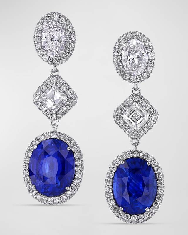 18K White Gold Dangling Diamond and Sapphire Earrings, 1.29"L x 0.44"W