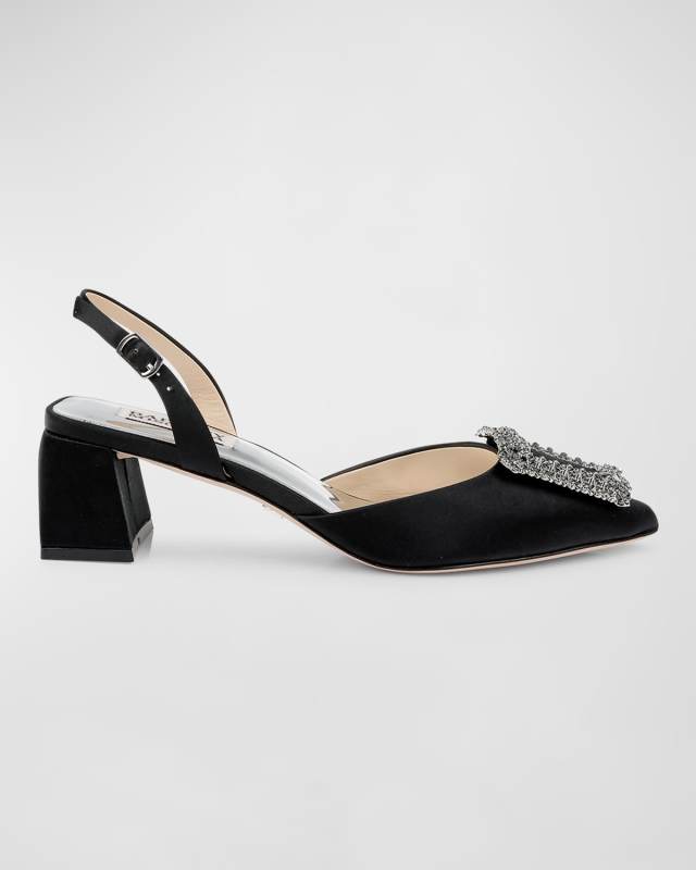Emmie Satin Crystal-Buckle Slingback Pumps