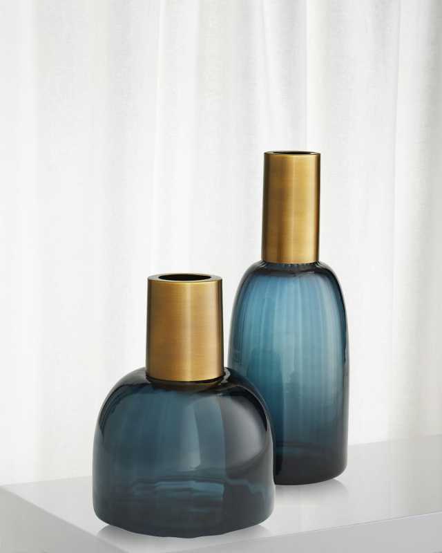 Huff Optic Glass & Brass Vases, Set Of 2