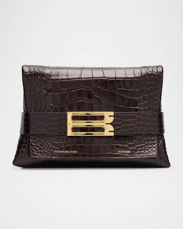 Buckle Croc-Embossed Leather Pouch Clutch Bag