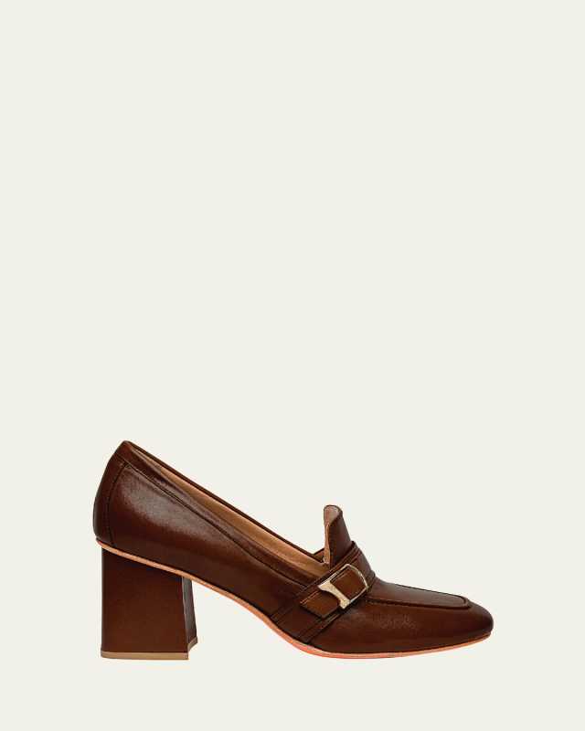 Claudette Leather Buckle Heeled Loafers