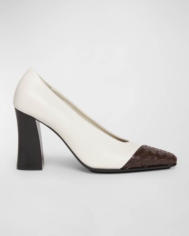 Mixed Leather Block-Heel Pumps