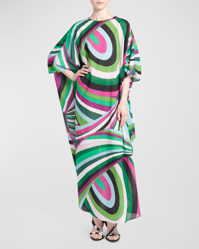 Abstract-Print 3/4-Sleeve Maxi Kaftan Dress