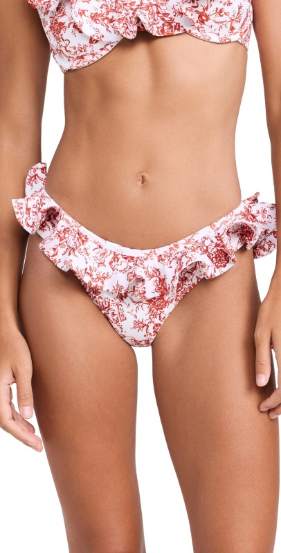 CAROLINE CONSTAS Lotus Ruffle Trimmed Bikini Bottoms Madder Red Toile
