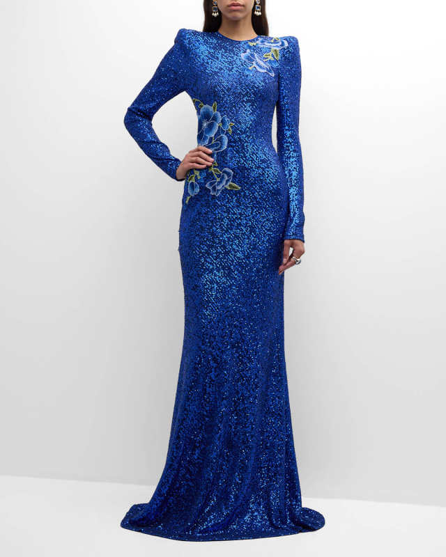 Floral Embroidered Sequin Gown