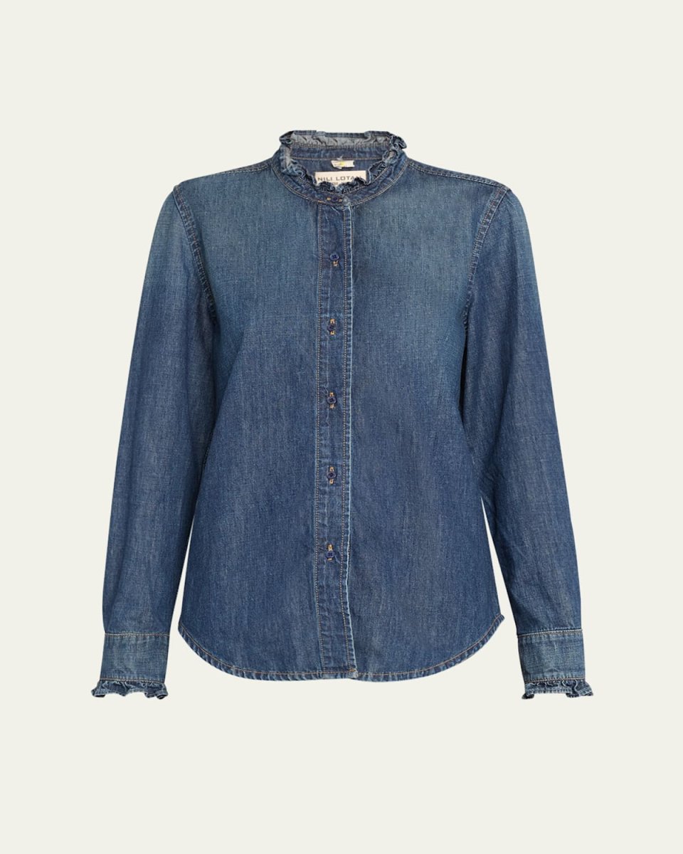 Lydia Denim Button-Front Shirt with Ruffle Tri