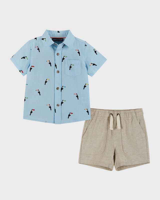 Boy's Parrot-Print Button Down Shirt & Shorts Set, Size Newborn-24