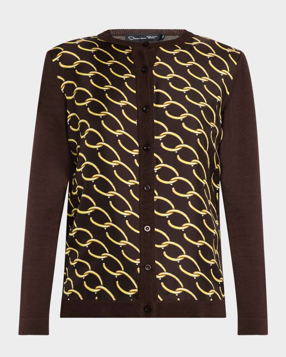 Chain Silk Twill Button-Front Cardigan