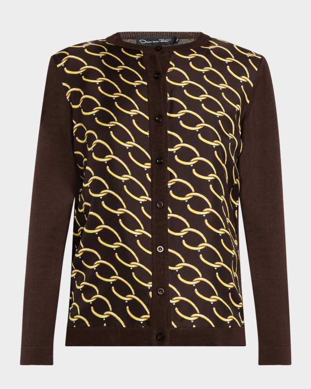 Chain Silk Twill Button-Front Cardigan