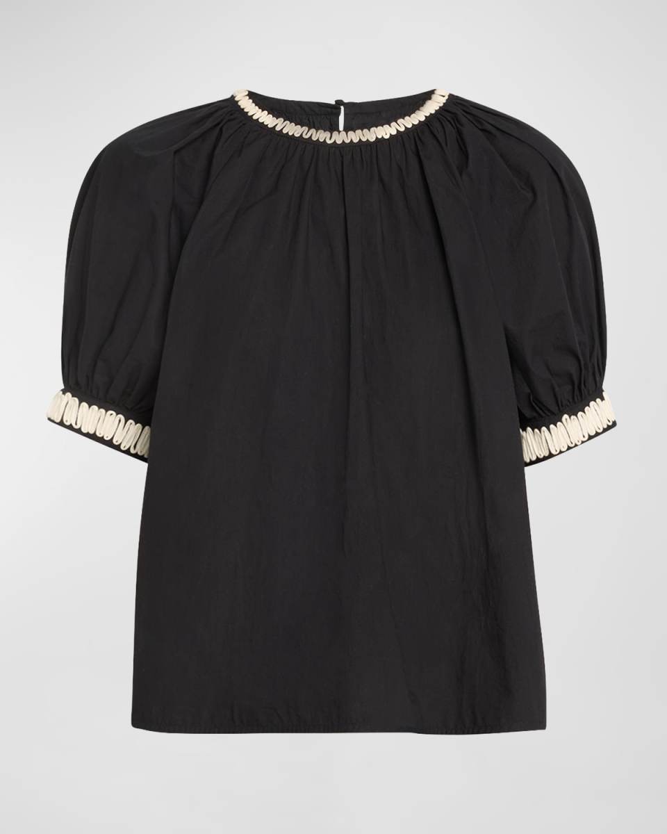 Amara Short-Sleeve Embroidered Tie-Cuff Poplin Top
