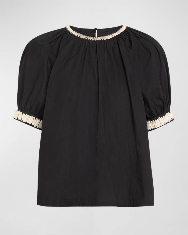 Amara Short-Sleeve Embroidered Tie-Cuff Poplin Top