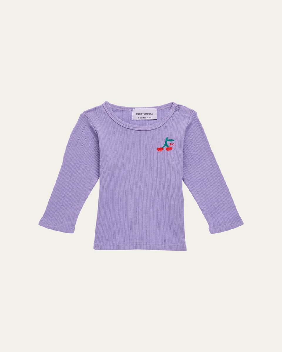Girl's Embroidered Cherry-Print Ribbed T-Shirt, Size 9M-