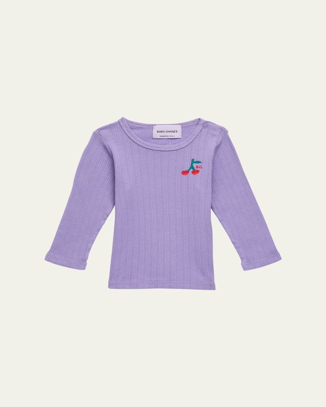 Girl's Embroidered Cherry-Print Ribbed T-Shirt, Size 9M-