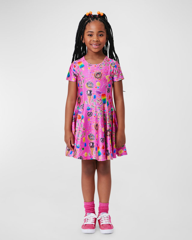 Girl's Candy Spill Hi-Shine Cap-Sleeve Mini Skater Dress, Size 2T-12