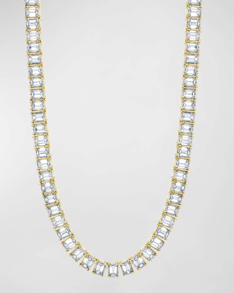 18K Gold 16" North South Prong Set Emerald-Cut Diamond Tennis Necklace, 26.60tcw