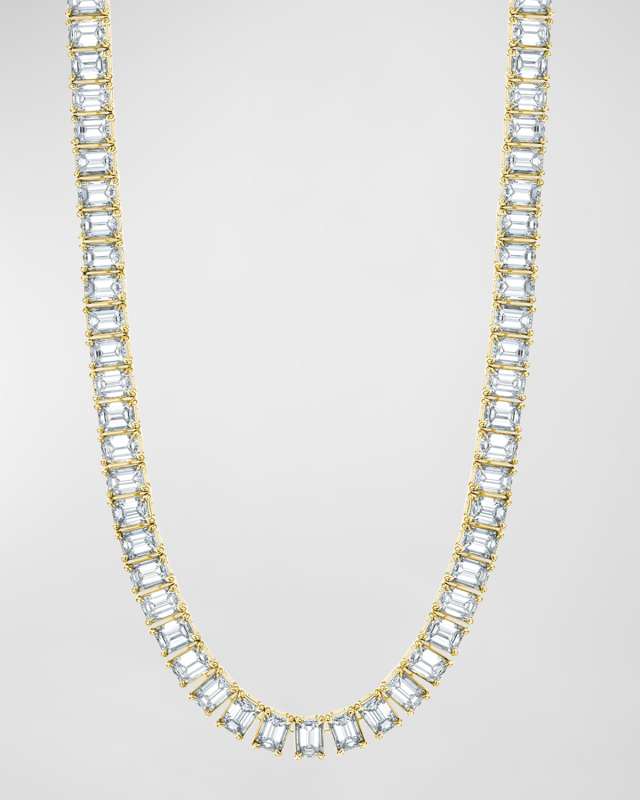 18K Gold 16" North South Prong Set Emerald-Cut Diamond Tennis Necklace, 26.60tcw
