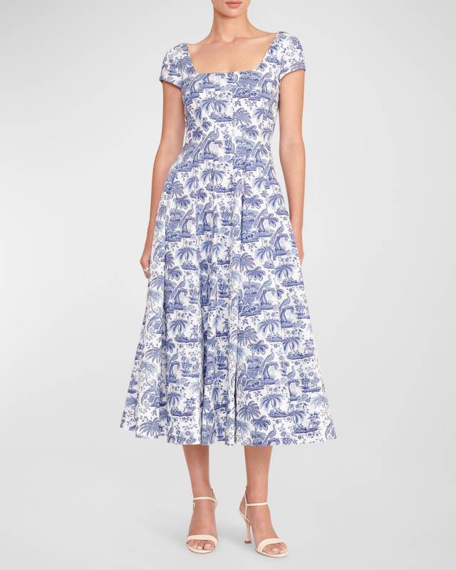 Wells Short-Sleeve Square-Neck Toile Midi Dress