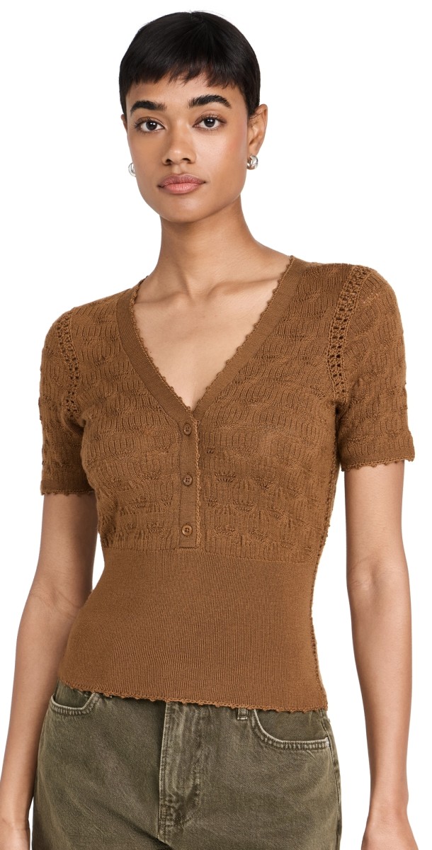 Sea Mila Pointelle V-Neck Sweater Camel