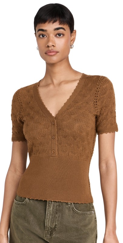 Sea Mila Pointelle V-Neck Sweater Camel