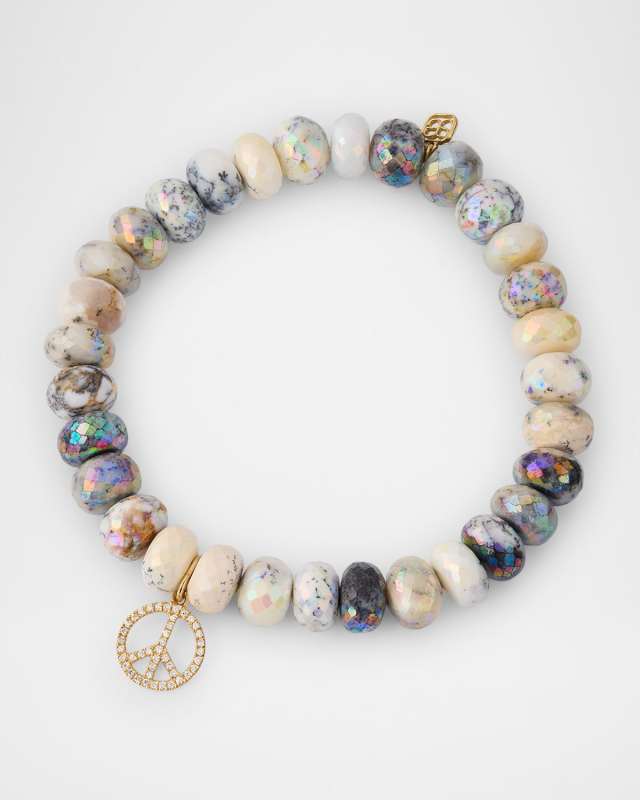 Small Diamond Peace Sign Charm and Opal Bead Bracelet