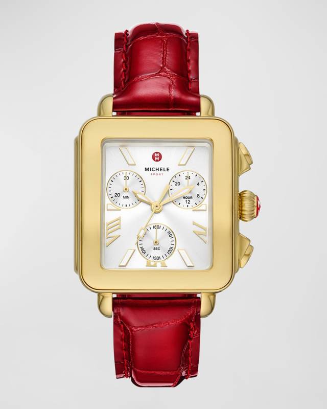 Deco Sport 18K Gold-Plated Ruby Red Leather Watch