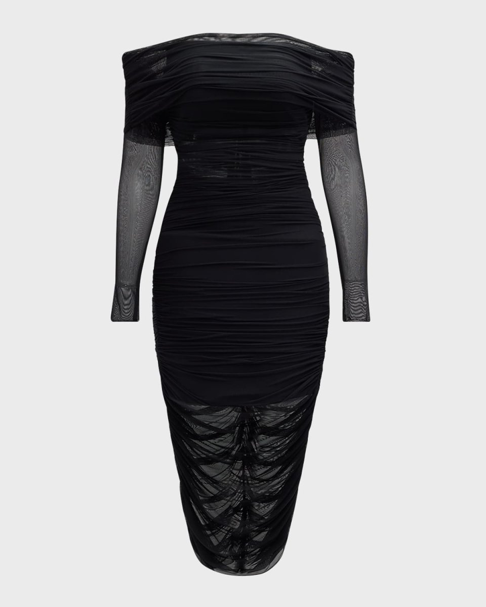 Isadola Off-Shoulder Mesh Ruched Midi Dress