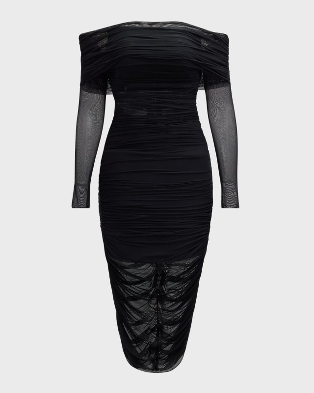 Isadola Off-Shoulder Mesh Ruched Midi Dress