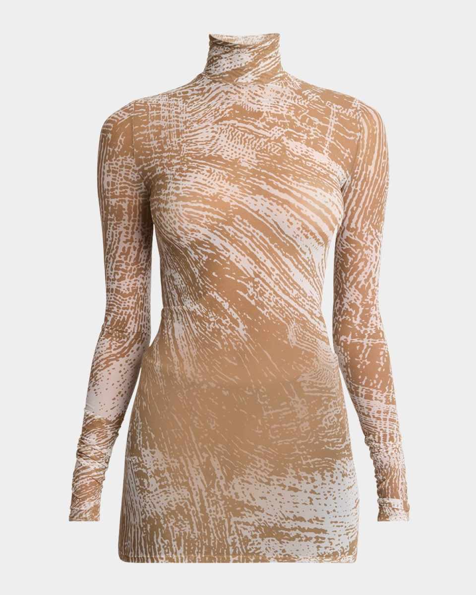 Rio Abstract-Print Tulle Jersey Turtleneck Top