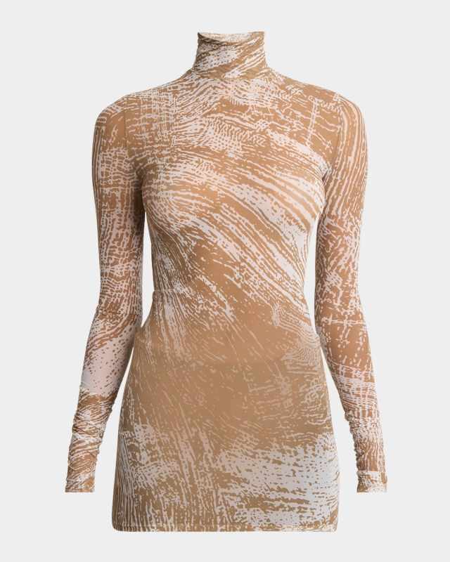 Rio Abstract-Print Tulle Jersey Turtleneck Top