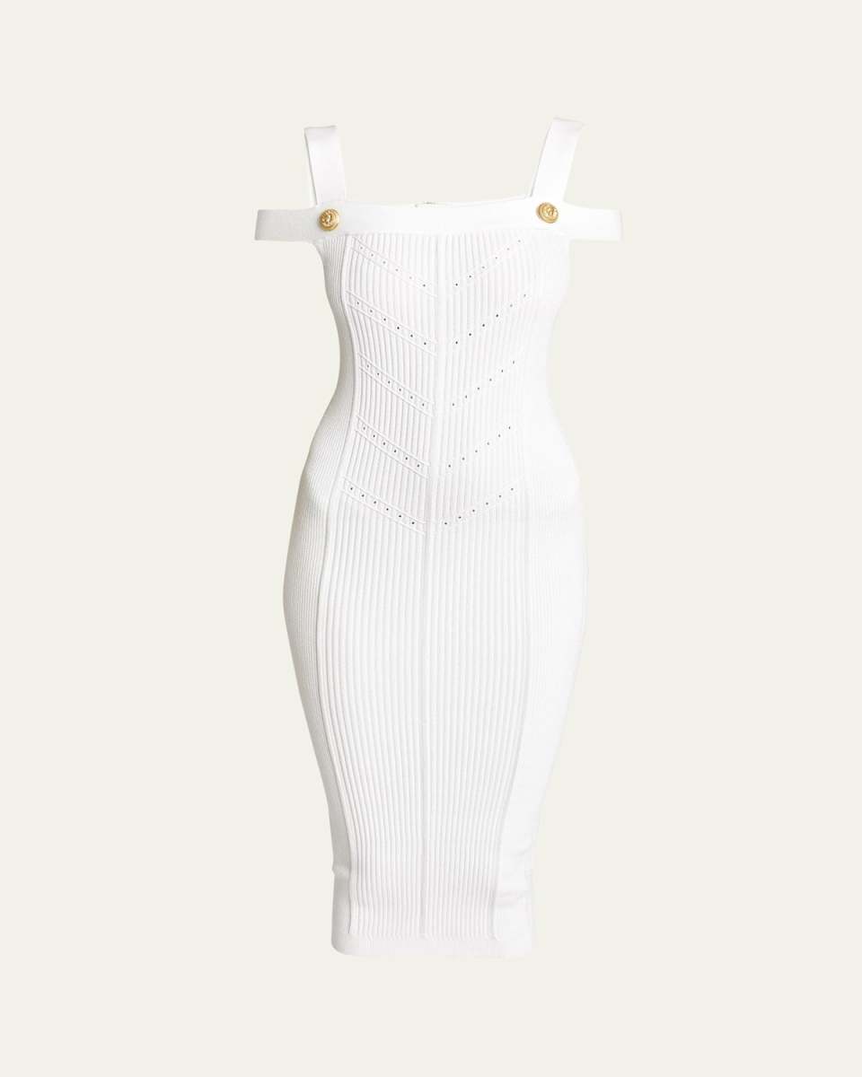 Off-Shoulder Knit Midi Dress with Button Details