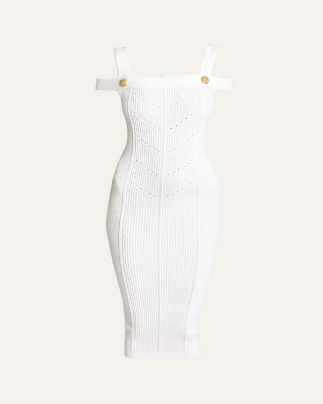 Off-Shoulder Knit Midi Dress with Button Details